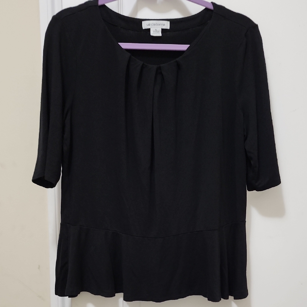 LIZ CLAIBORNE Elbow Sleeve Dressy Black Women's Top With Peplum Size XL